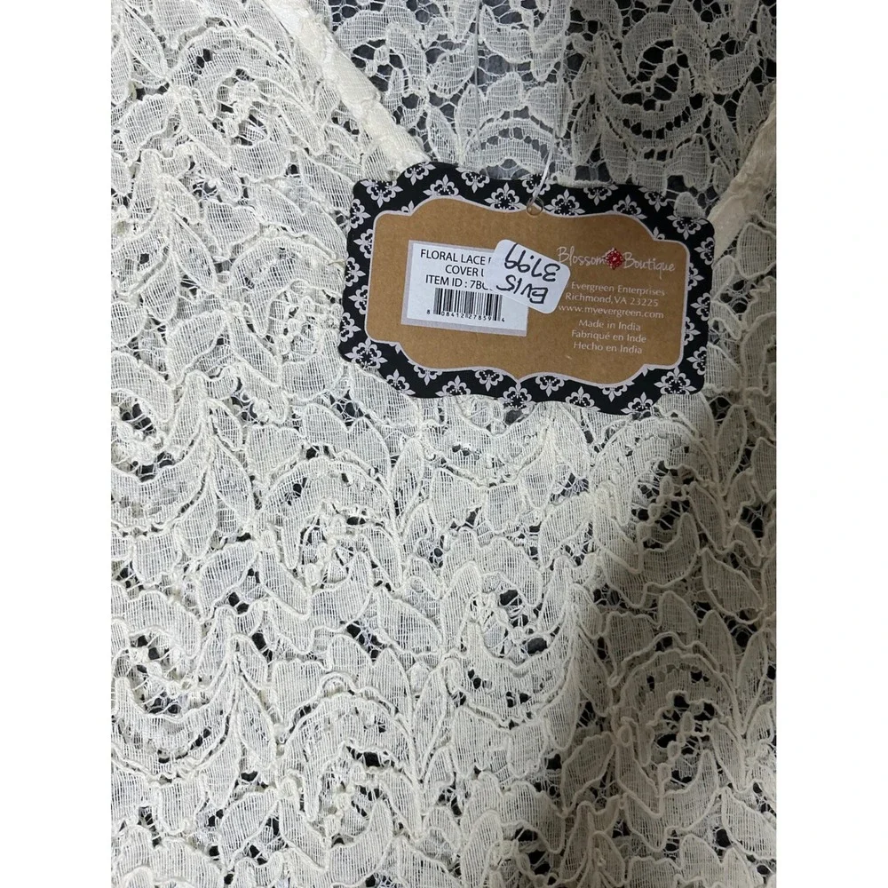 Blossom Boutique Ivory Floral Lace V-Neck Cover-Up Dress 3/4 Sleeve Cream Large